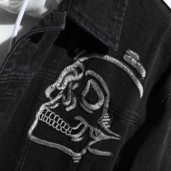 M💀 Embroidery Denim Jacket Biker Rock Skull ➡️Hoodie is not included - Picture 4 of 6